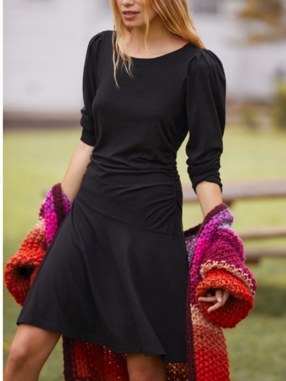 Daily Practice Black Long-Sleeve Ruched Cotton Blend Knit Dress